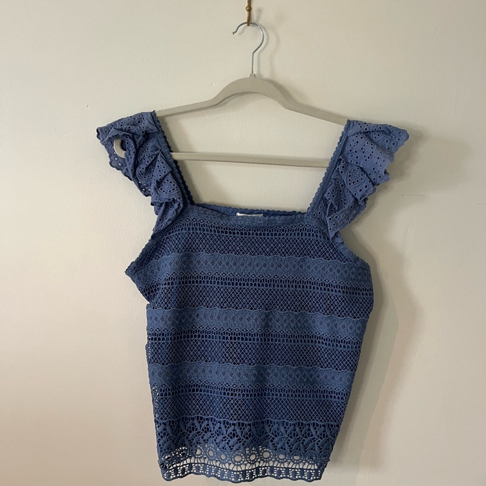 Ultra Pink Navy Lace Ruffle Sleeve Blouse